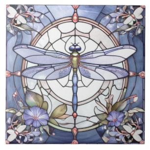 Dragonfly Blue and White Stached Glass Flower Kakelplatta