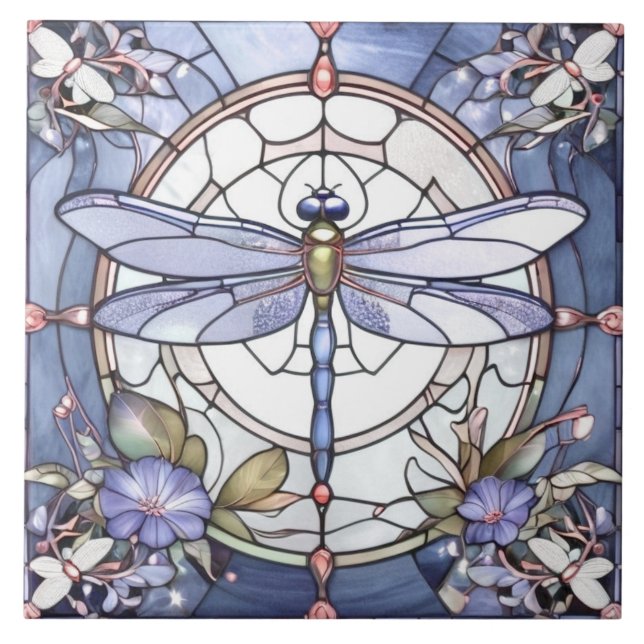 Dragonfly Blue and White Stached Glass Flower Kakelplatta (Framsidan)