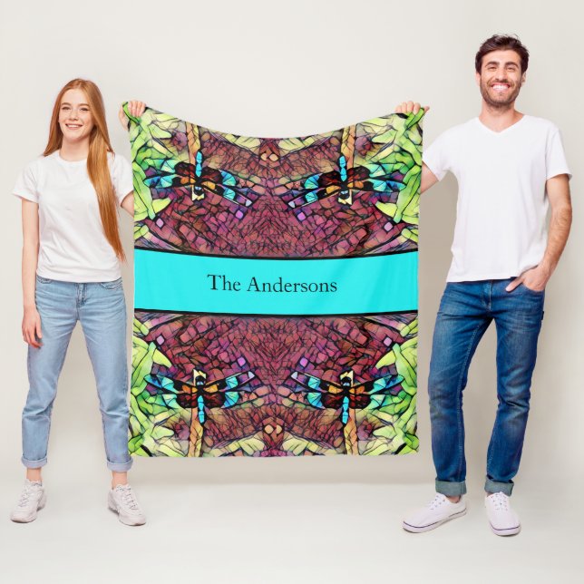 Dragonfly Blue Teal Aqua Black Namn Fleecefilt (På plats)