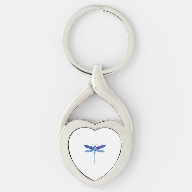Dragonfly Blue teckning söt present Twisted Heart Silverfärgad Nyckelring (Framsidan)