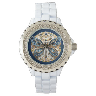Dragonfly Blue White Black Guld Diamond Sapphire Armbandsur