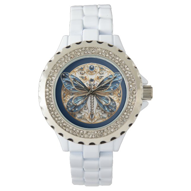 Dragonfly Blue White Black Guld Diamond Sapphire Armbandsur (Framsida)