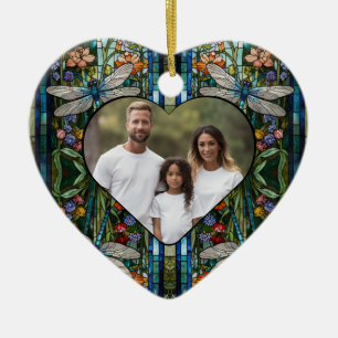 Dragonfly boho blommigt botaniskt fläckglas julgransprydnad keramik