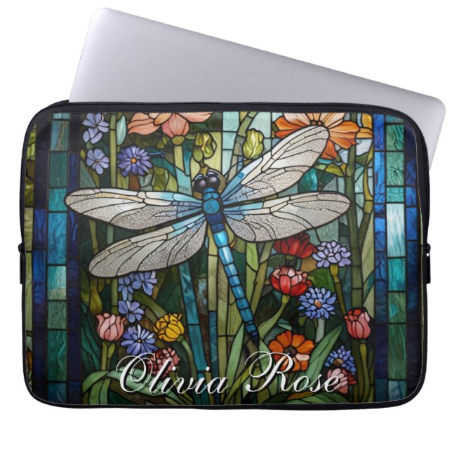 Dragonfly boho blommigt botaniskt fläckglas laptop fodral (Framsidan)