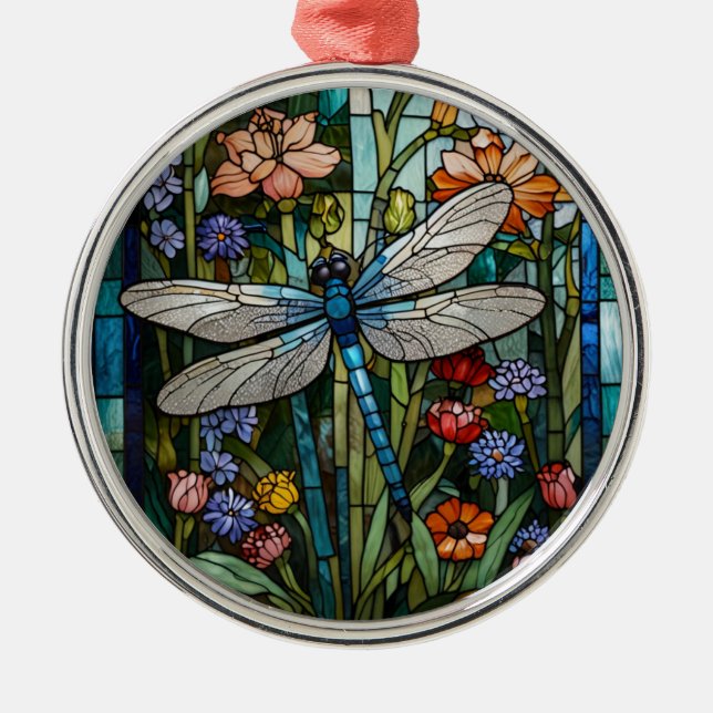 Dragonfly boho floral botanical stain glass julgransprydnad metall (Framsidan)