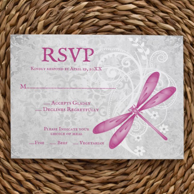Dragonfly Bröllop OSA Card för magenta Kort (Magenta Dragonfly Wedding RSVP Card)