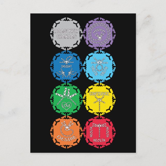 Dragonfly Chakras vita textdesign Vykort (Framsida)