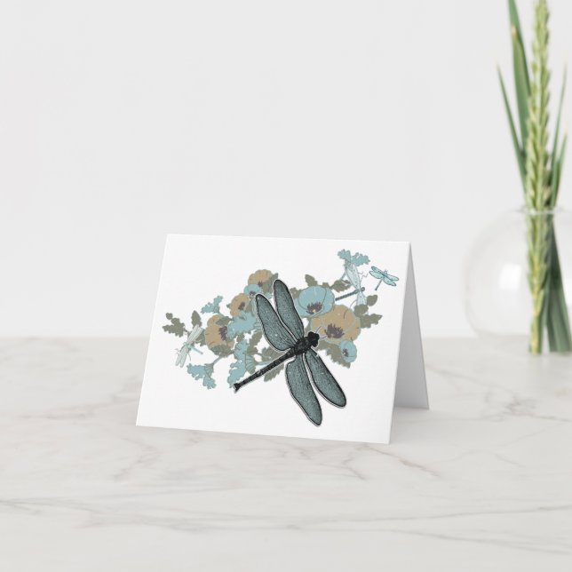 Dragonfly Chic Snyggt Flowers Blues Grått Guld Tack Kort (Framsida)