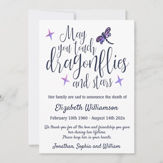Dragonfly Dödsannonsering Funeral Arrangemang Meddelande (Framsida)