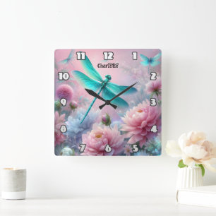Dragonfly Dreams: Blommigt, Etheral, Pastel Fyrkantig Klocka
