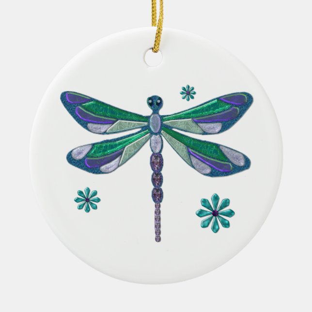 Dragonfly Elegant Jeweled Folk Art Julgransprydnad Keramik (Framsidan)