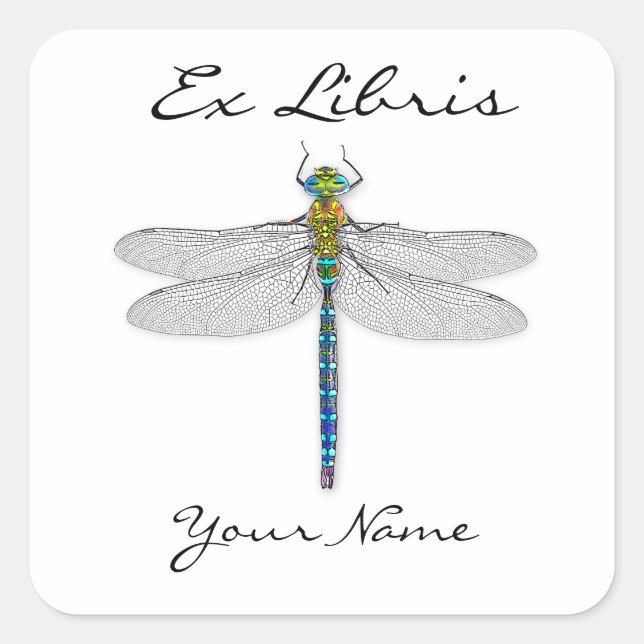 Dragonfly Ex Libris bokplåtar Fyrkantigt Klistermärke (Framsida)