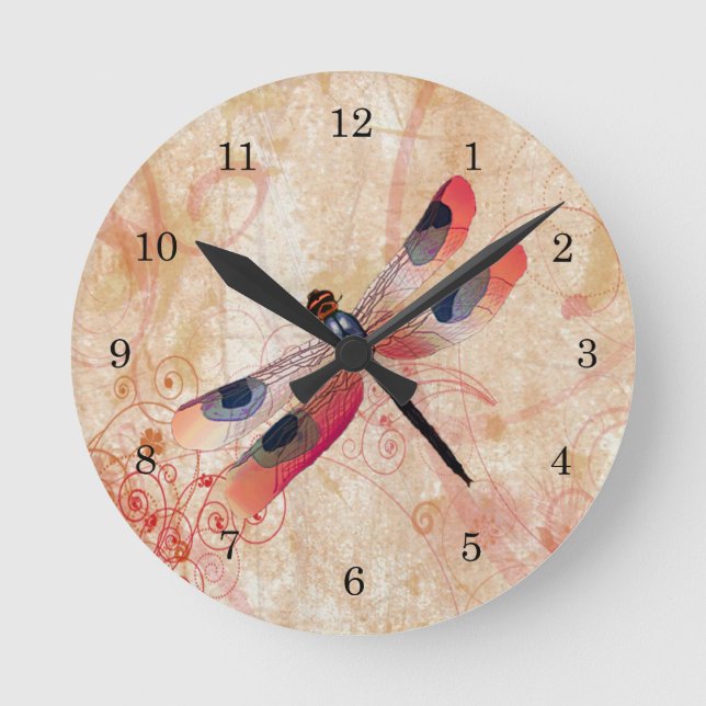 Dragonfly Flourish Clock Rund Klocka (Framsida)