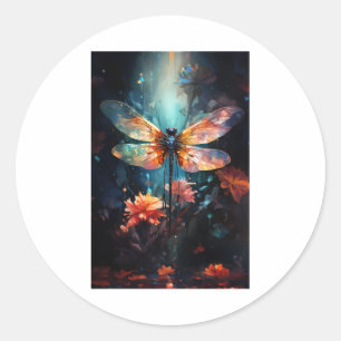 Dragonfly Flower Art - Glas som beretts Runt Klistermärke