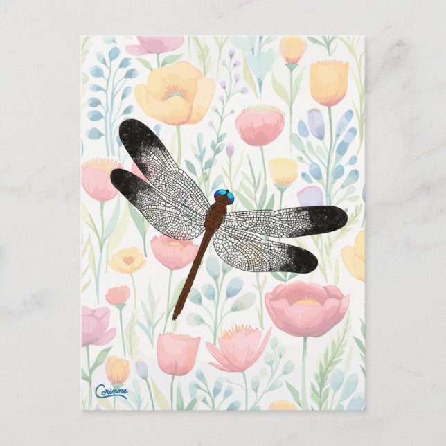 Dragonfly & Flowers - vykort (Framsida)