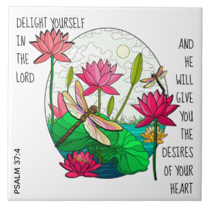 Dragonfly & Flowers, w verse från Psalm 37:4 Kakelplatta
