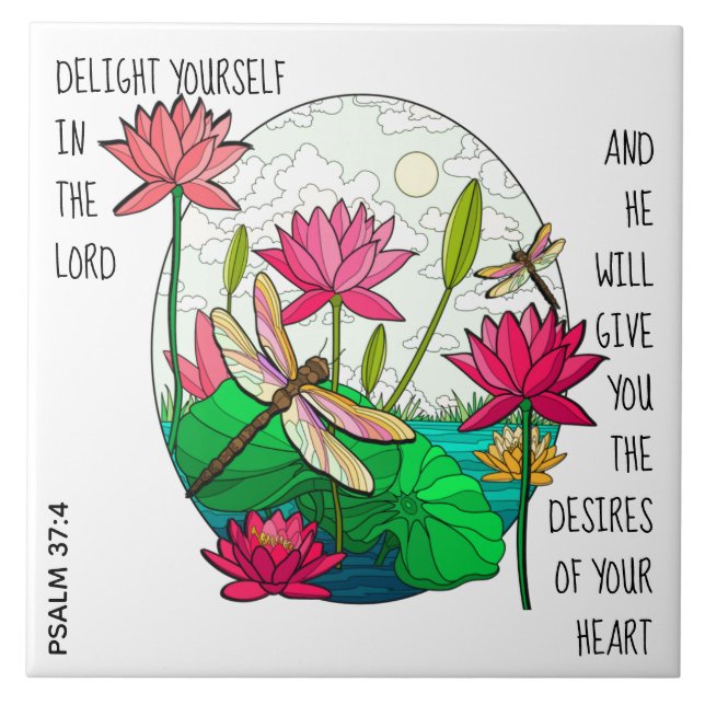 Dragonfly & Flowers, w verse från Psalm 37:4 Kakelplatta (Framsidan)