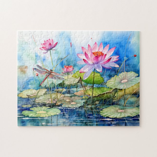 Dragonfly flying through pink water lilies pussel (Horisontell)