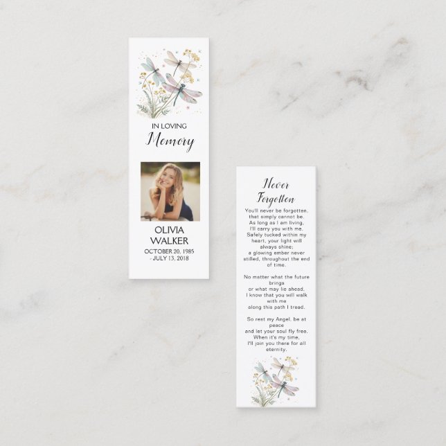Dragonfly Funeral Bookmark, Funeral Keepsakkort Mini Visitkort (Fram/baksida)