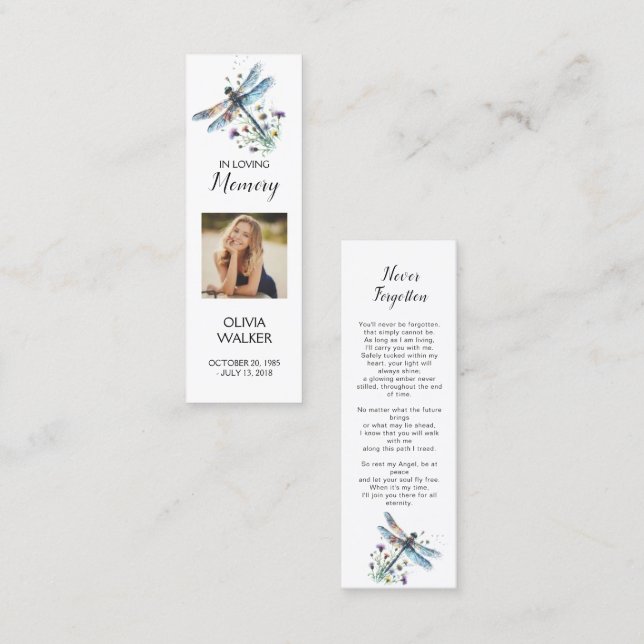 Dragonfly Funeral Bookmark, Funeral Keepsakkort Mini Visitkort (Fram/baksida)