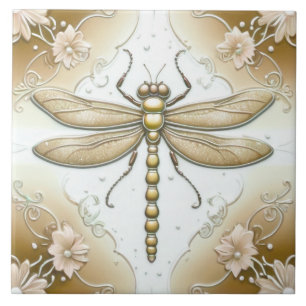 Dragonfly Guld och White Flower Art Tan Brown Kakelplatta