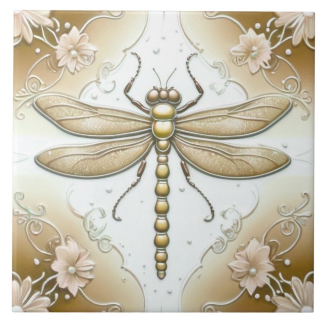 Dragonfly Guld och White Flower Art Tan Brown Kakelplatta (Framsidan)