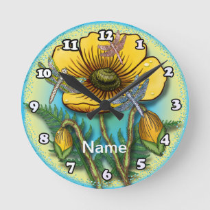 Dragonfly gult Poppy Rund Klocka