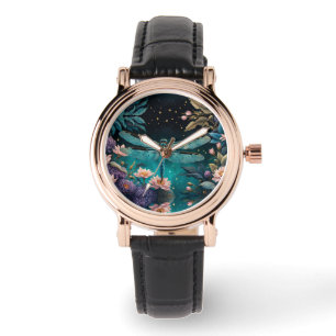 Dragonfly i en blommigt nattetid armbandsur