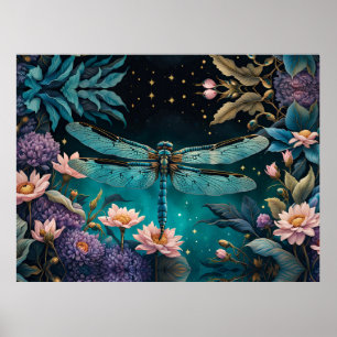 Dragonfly i en blommigt nattetid poster