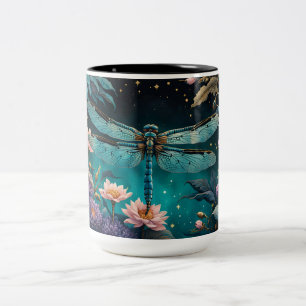 Dragonfly i en blommigt nattetid Två-Tonad mugg
