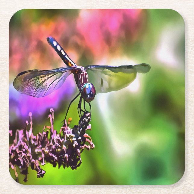 Dragonfly i Grönt och blå, realistisk målning Underlägg Papper Kvadrat (Framsidan)