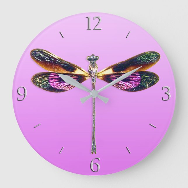 Dragonfly i Silver, Guld, Lila och svart Stor Klocka (Framsida)