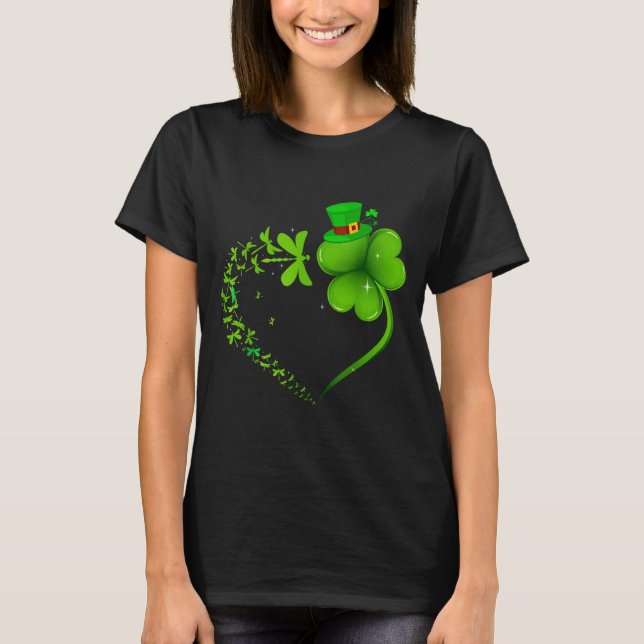 Dragonfly Irish Shamrock Heart Happy St Patrick's  T Shirt (Framsida)
