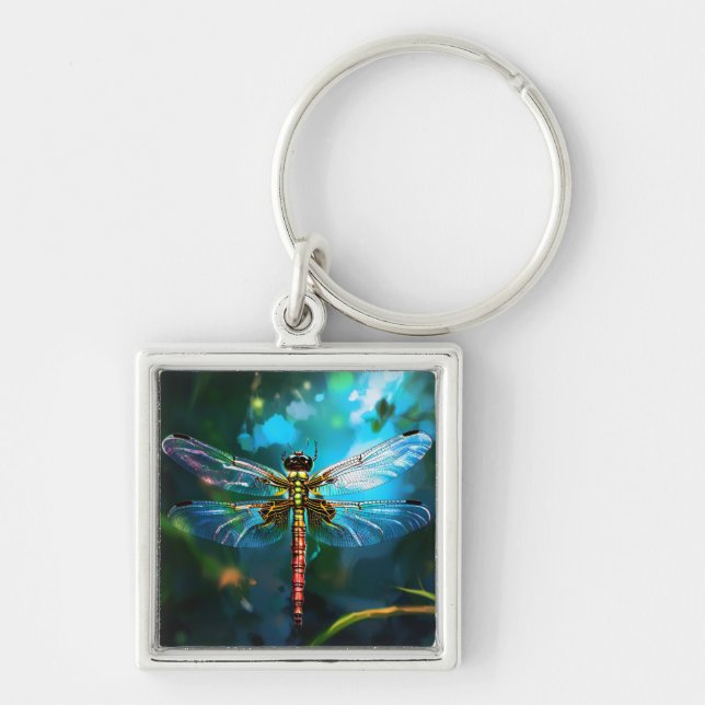 Dragonfly Keychain Fyrkantig Silverfärgad Nyckelring (Framsidan)