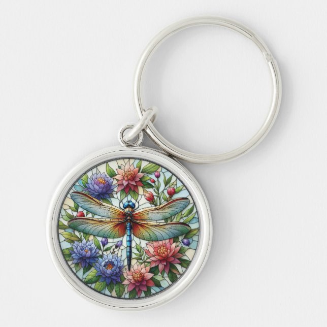 Dragonfly Keychain Rund Silverfärgad Nyckelring (Framsidan)