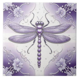 Dragonfly Lila and White Flower Art Kakelplatta