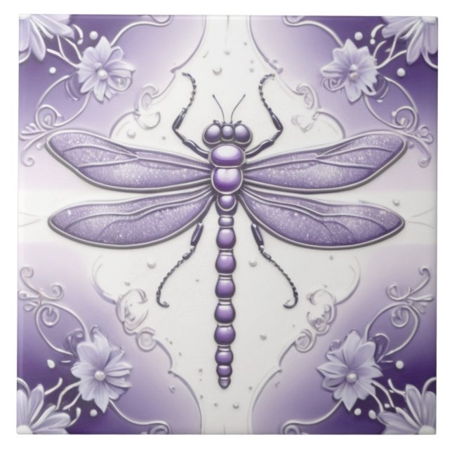 Dragonfly Lila and White Flower Art Kakelplatta (Framsidan)