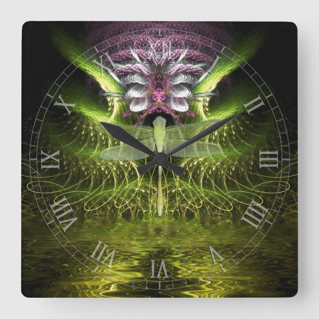 Dragonfly Magic Fractal Art Wall Clock Fyrkantig Klocka (Framsida)