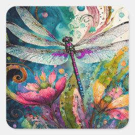Dragonfly med bläck och Pen Watercolor Fyrkantigt Klistermärke