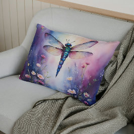 Dragonfly med Flowers Lila Watercolor Lumbarkudde