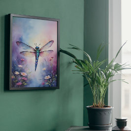 Dragonfly med Flowers Lila Watercolor Poster