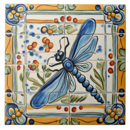 Dragonfly Mediterranean Insekt Gult & Blue Folk Kakelplatta