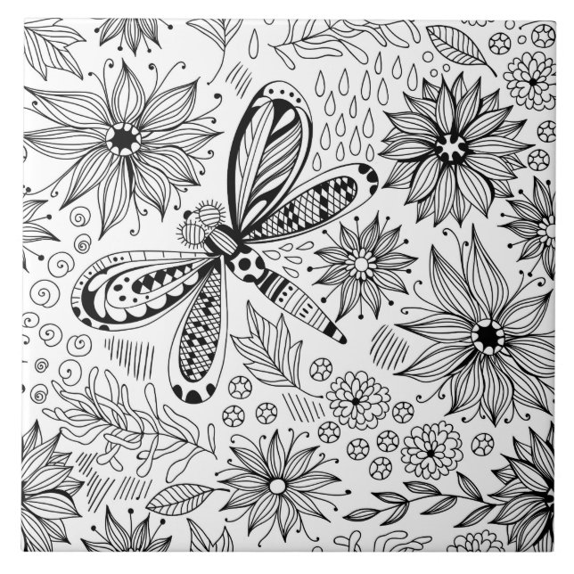 Dragonfly och blomdodle kakelplatta (Framsidan)