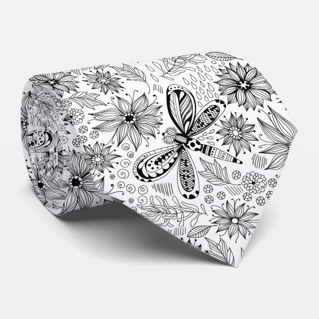 Dragonfly och blommor, doodle tie slips (Rullad)
