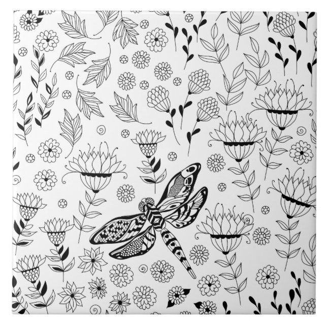 Dragonfly och blommor kakelplatta (Framsidan)