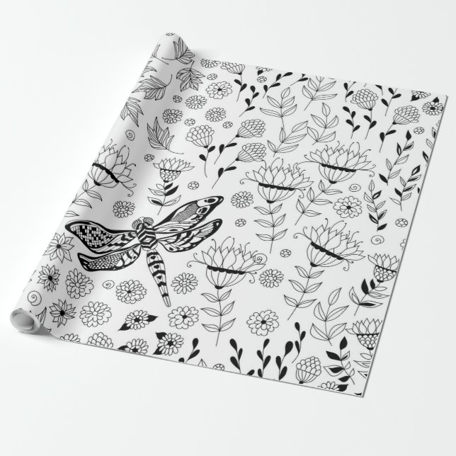 Dragonfly och blommor presentpapper (Utrullad)