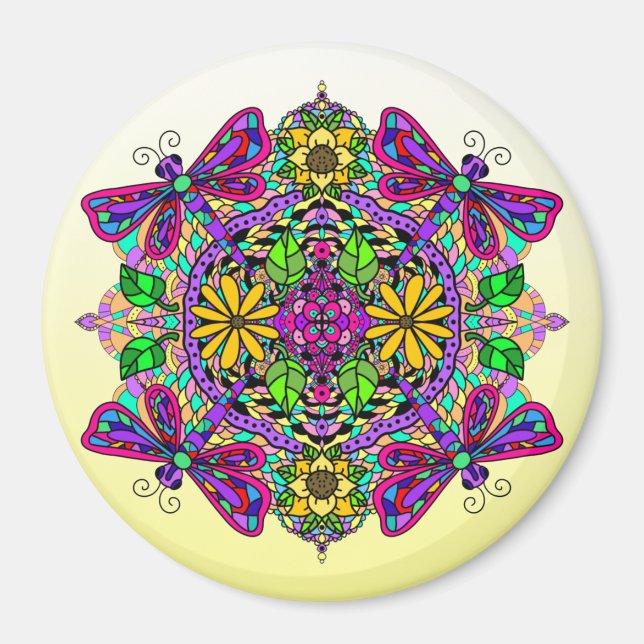 Dragonfly och Flowers Mandala Magnet (Framsidan)