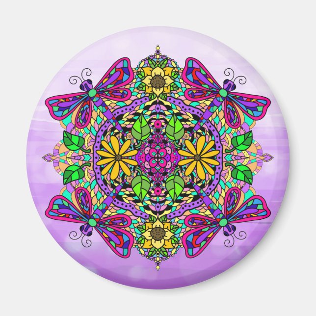 Dragonfly och Flowers Mandala Magnet (Framsidan)