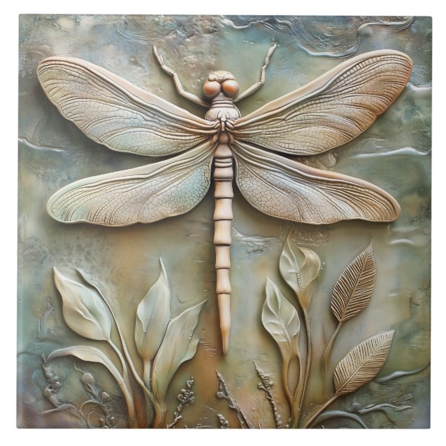 Dragonfly och Foliage Faux Relief Kakelplatta (Framsidan)
