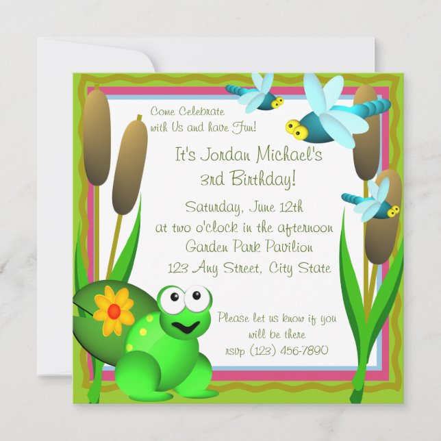 Dragonfly och Frog/ Birthday Inbjudningar (Framsida)